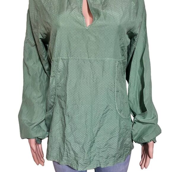 Women peasant mandarin collar spearmint silk boho top casual loose blouse M - Picture 6 of 7